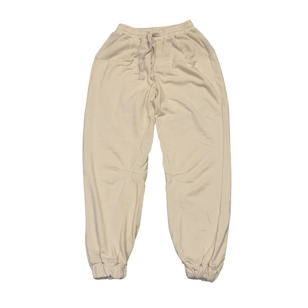 POL Womens Cream Waffle Knit Patchwork Jogger Sweatpants Drawstring Pockets S